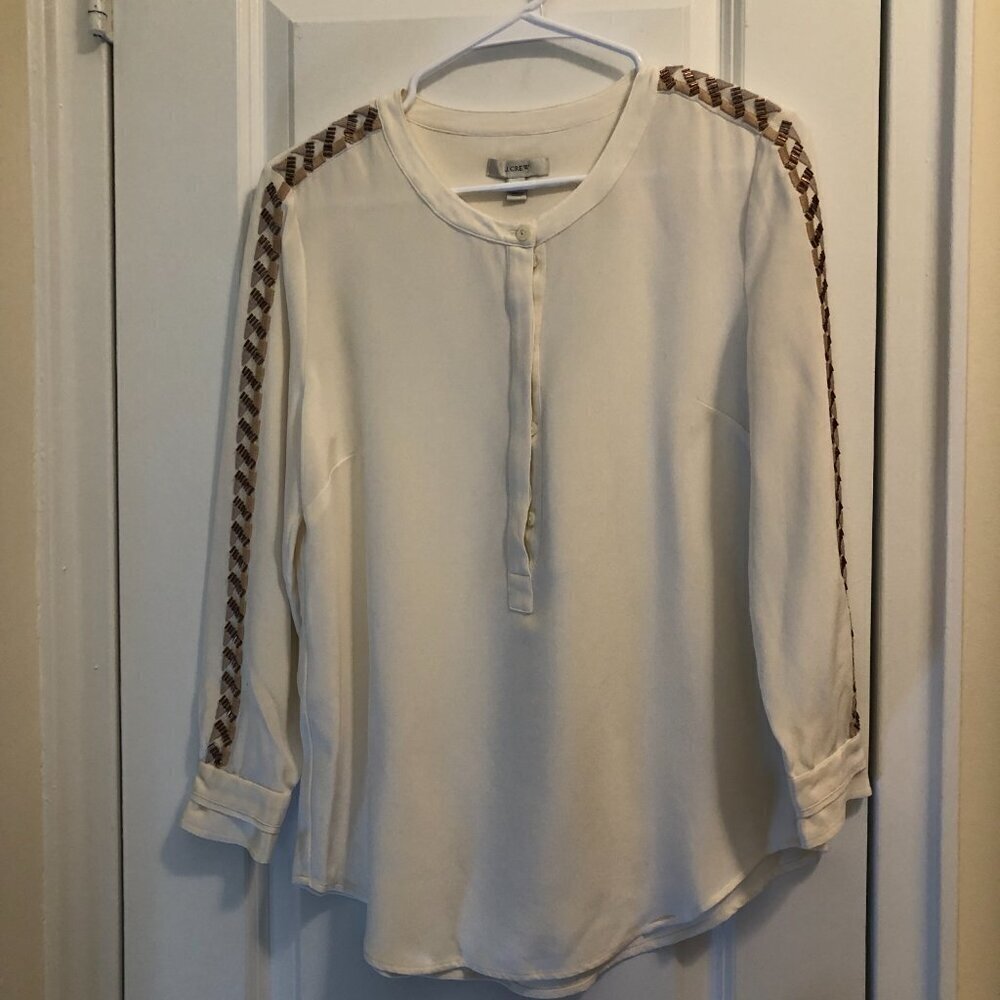 J. Crew Silk Relaxed Fit Long SleeveTunic Blouse Gold Beading Cream Size 8 EUC